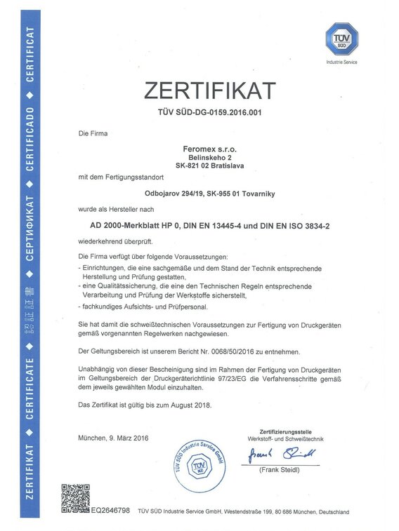 Certifikát TÜV SÜD-DG-0159.2016.001