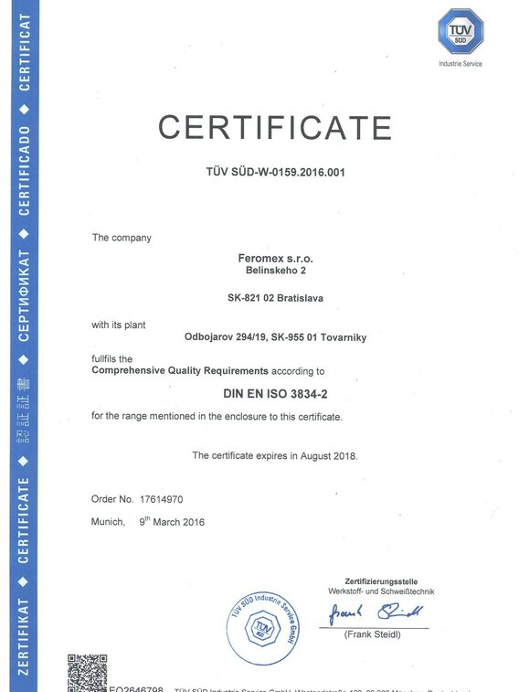 Certifikát TÜV SÜD-W-0159.2016.001