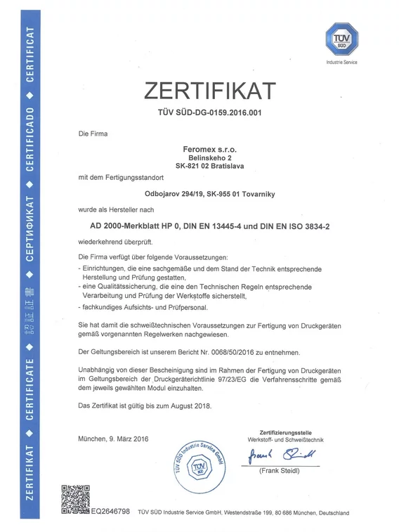 Certifikát TÜV SÜD-DG-0159.2016.001