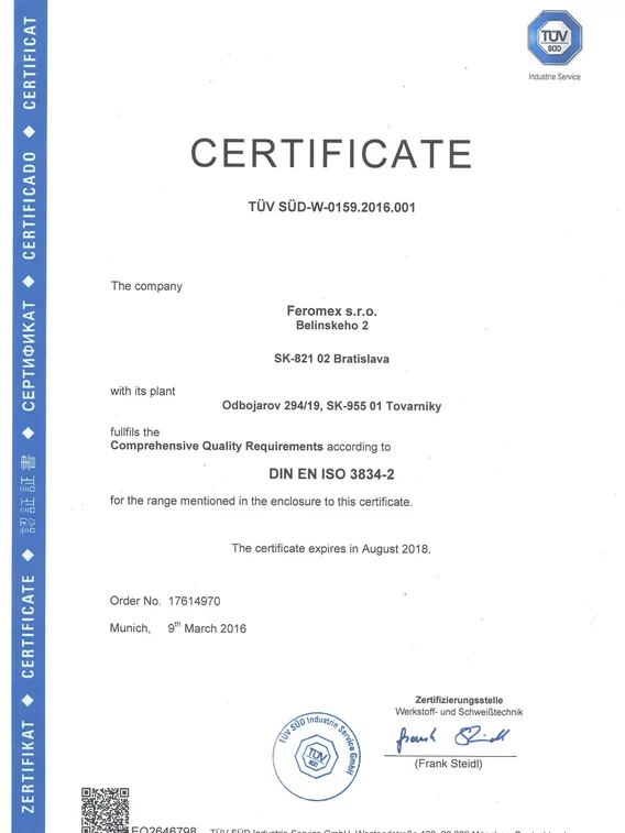 Certifikát TÜV SÜD-W-0159.2016.001