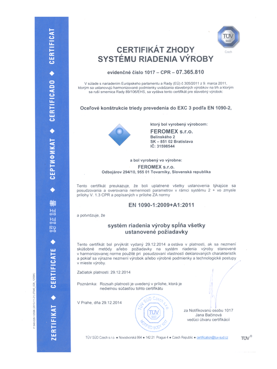 Certifikát zhody systému riadenia výroby