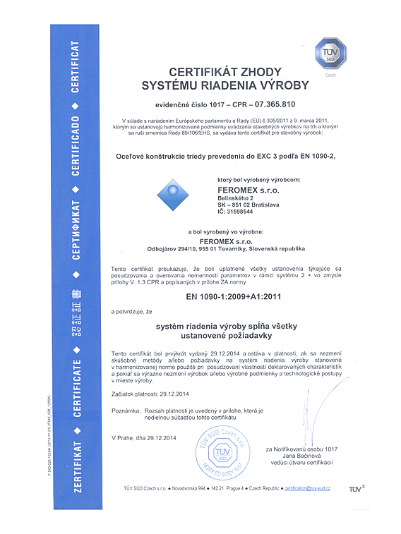 Certifikát zhody systému riadenia výroby